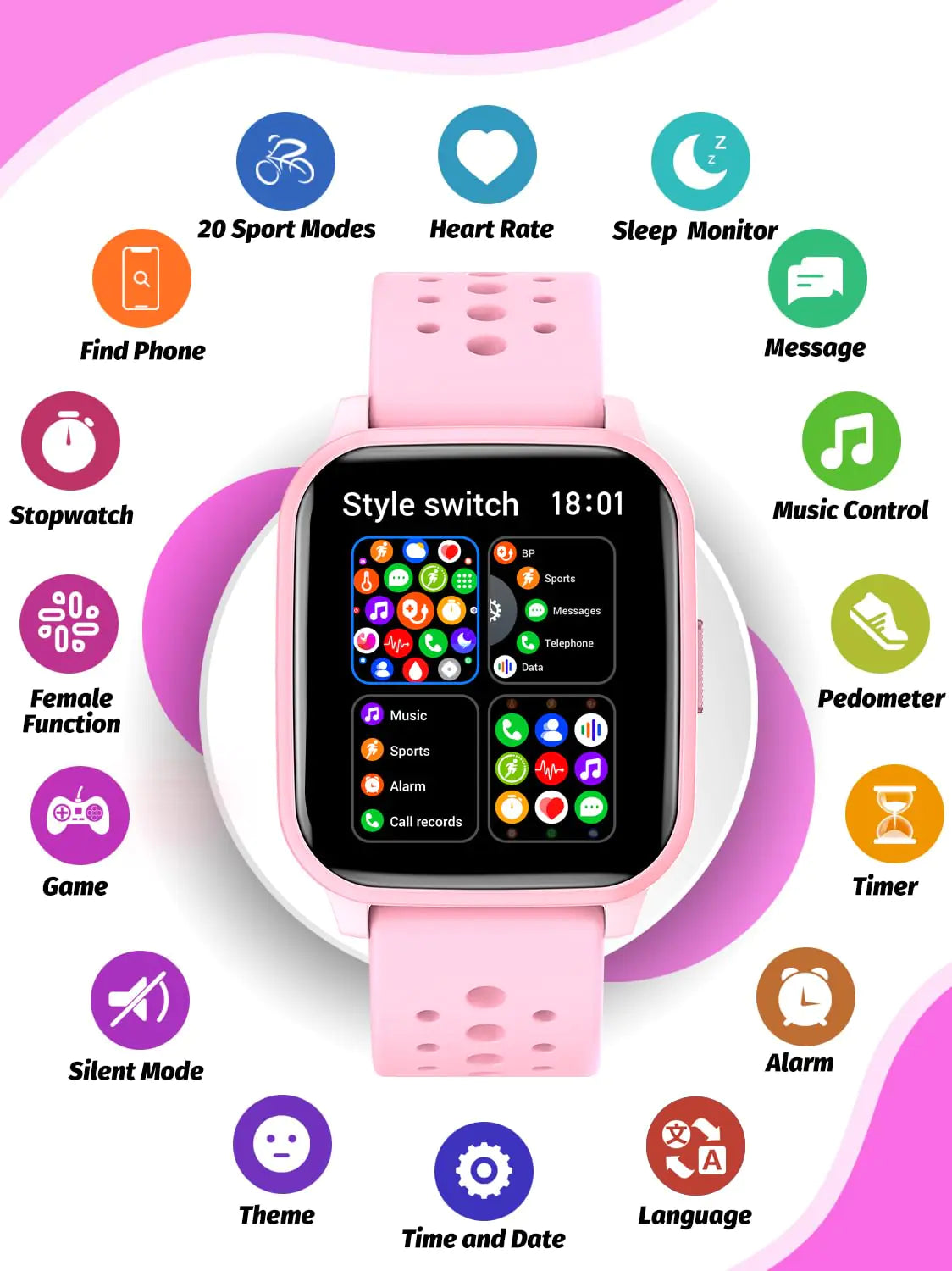 Kids Smart Watch Girls Boys, Smart Watch for Kids Game Smart Watch Gifts for 4-16 Years Old with Sleep Mode 20 Sports Modes 5 Games Pedometer Birthday Gift for Boys Girls (Pink) Pink